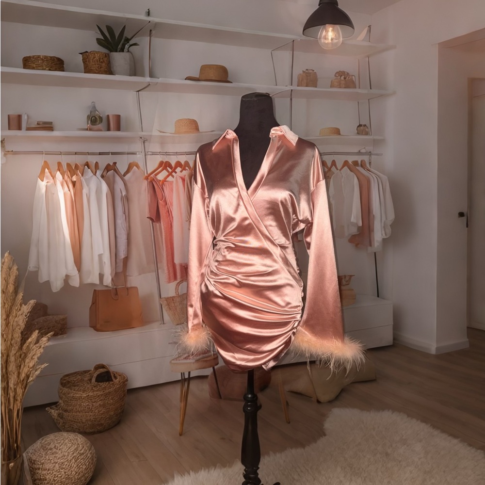 Satin Wrap Dress with Feather Trim